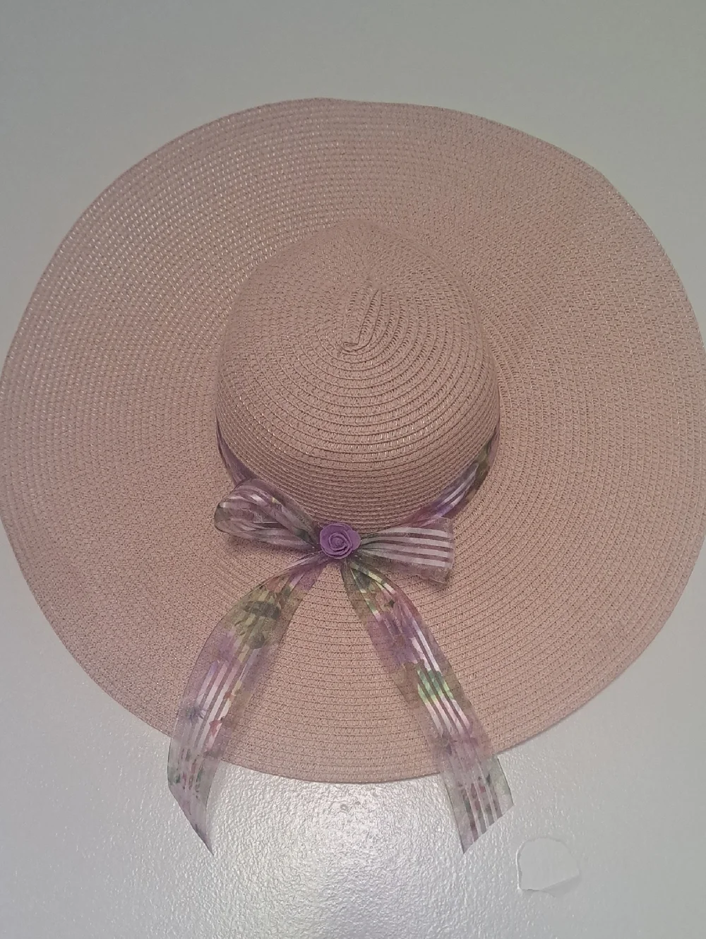 Diva Beige Wide Brim Sun Hat with Purple Floral Bow